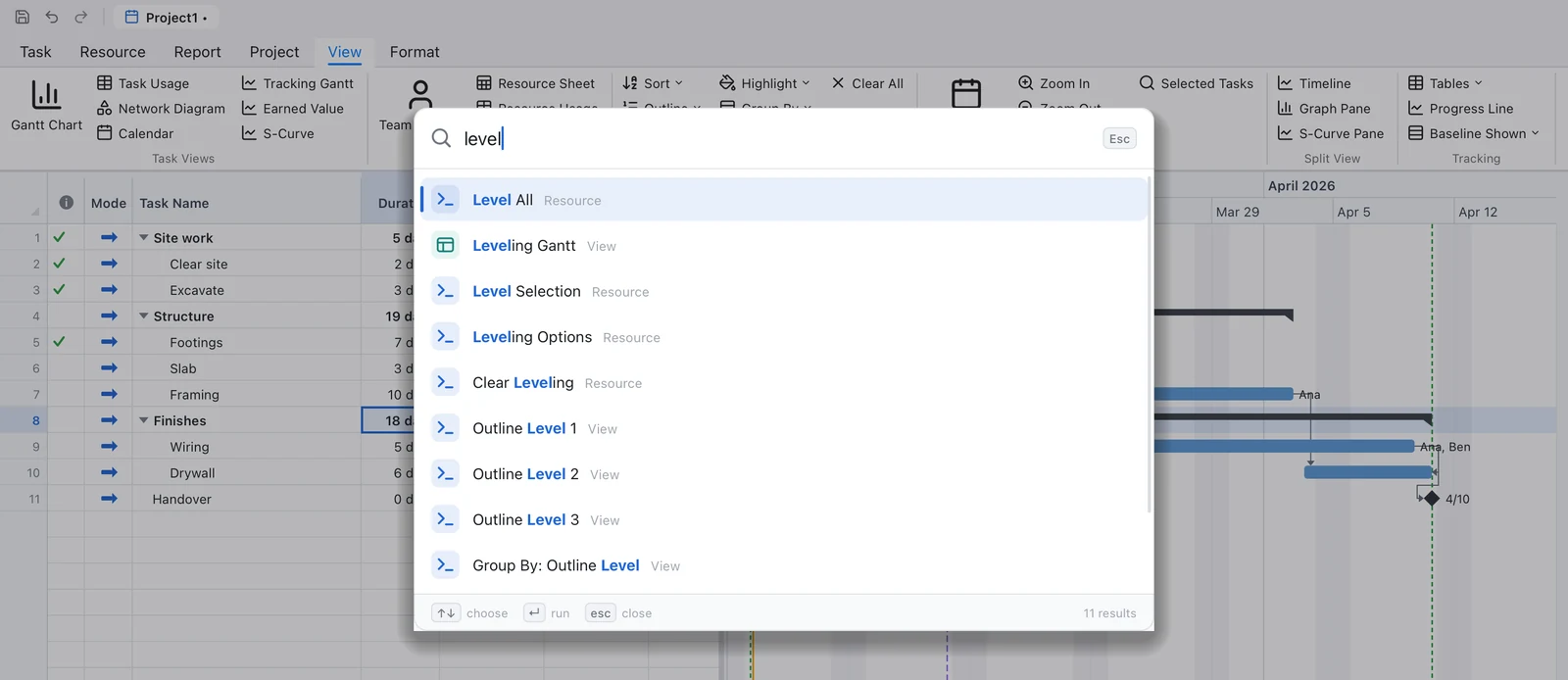 The command palette over the Gantt chart, listing Level All, Leveling Gantt, Level Selection and other matches for the word level