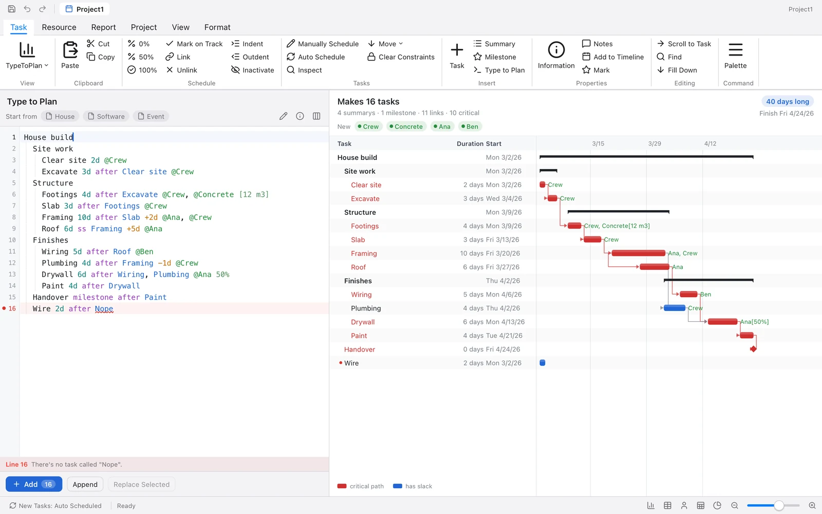 The Type to Plan panel: a sixteen-task house build typed as an outline, with a live preview of its Gantt chart beside it and the last line underlined because it names a task that doesn't exist